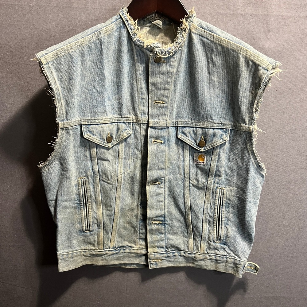 Carhartt Mens Distressed Denim Vest Light Wash Frayed DIY Workwear Biker Style